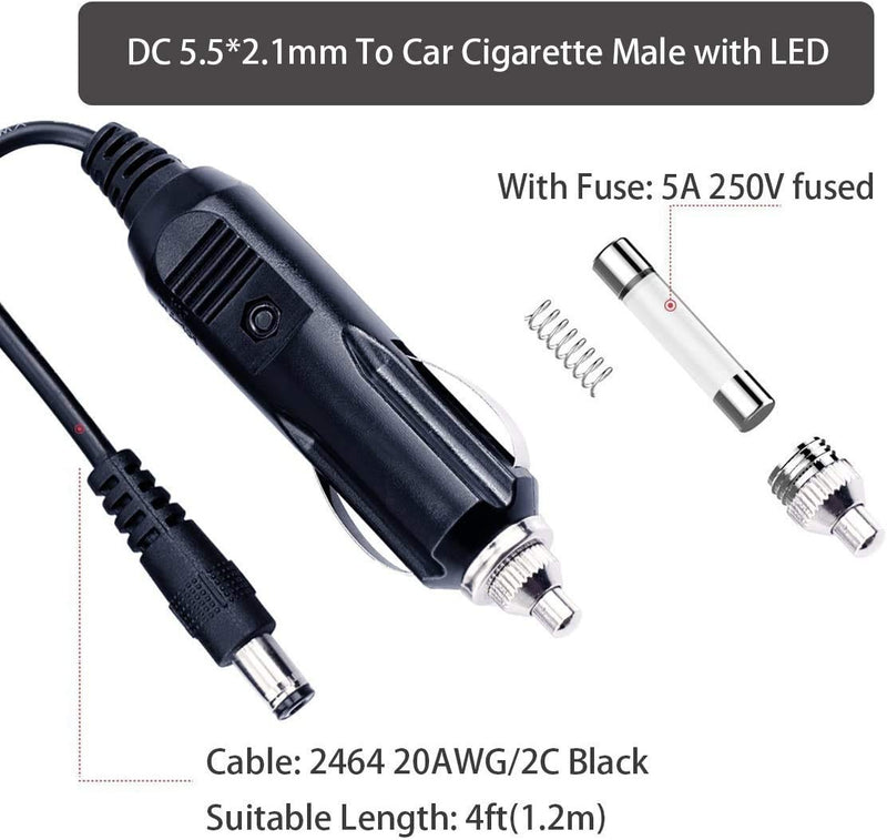 [Australia - AusPower] - SPARKING DC 5.5 x 2.1mm Car Charger Power Supply Cord - 12v -24v 4FT Cigarette Lighter Male Plug to DC Connector 5.5 x 2.1mm Cable 