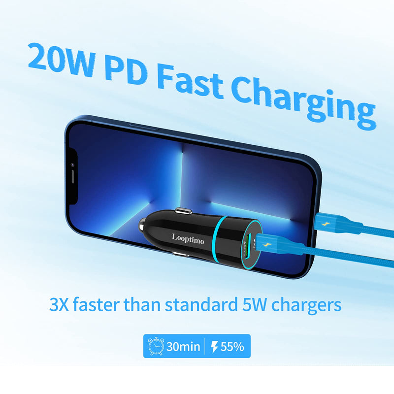 [Australia - AusPower] - Looptimo 20W PD USB C Fast Car Charger Adapter Compatible for Apple iPhone 13/13 Pro/12/Pro/Max/mini/11/XS/XR/X/8/Plus/SE 2020, iPad Mini 5/Air 3 + MFi Certified Type C to Lightning Cable 3ft 
