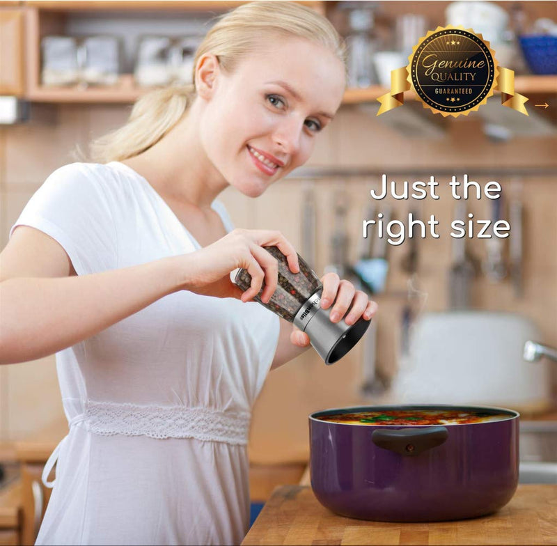 [Australia - AusPower] - Professional Salt and Pepper Grinder Set – Premium Stainless Steel Salt and Pepper Shakers with Ceramic Spice Grinder Mill for Adjustable Coarseness - Added Bonus a Bamboo spoon and a Cleaning Brush. 