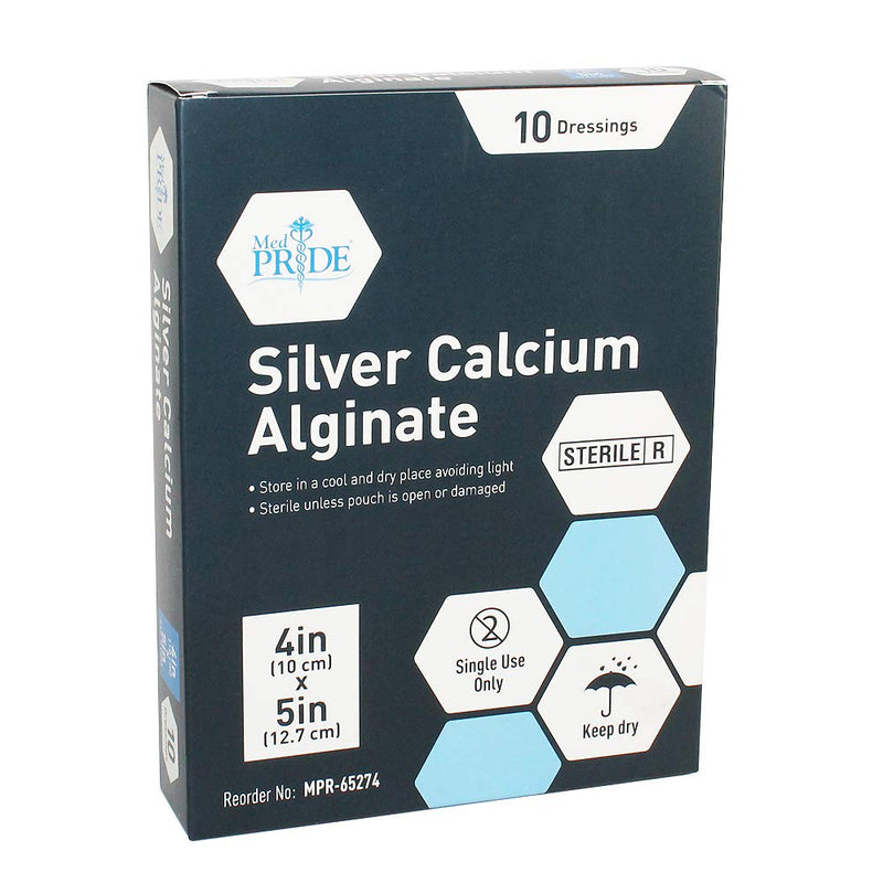 [Australia - AusPower] - Medpride Silver Calcium Alginate Wound Dressing Pads| 4” x 5” Patches, 10-Pack| Antimicrobial, Non-Stick Padding, Sterile, Highly Absorbent & Comfortable| 4'' x 5'' 
