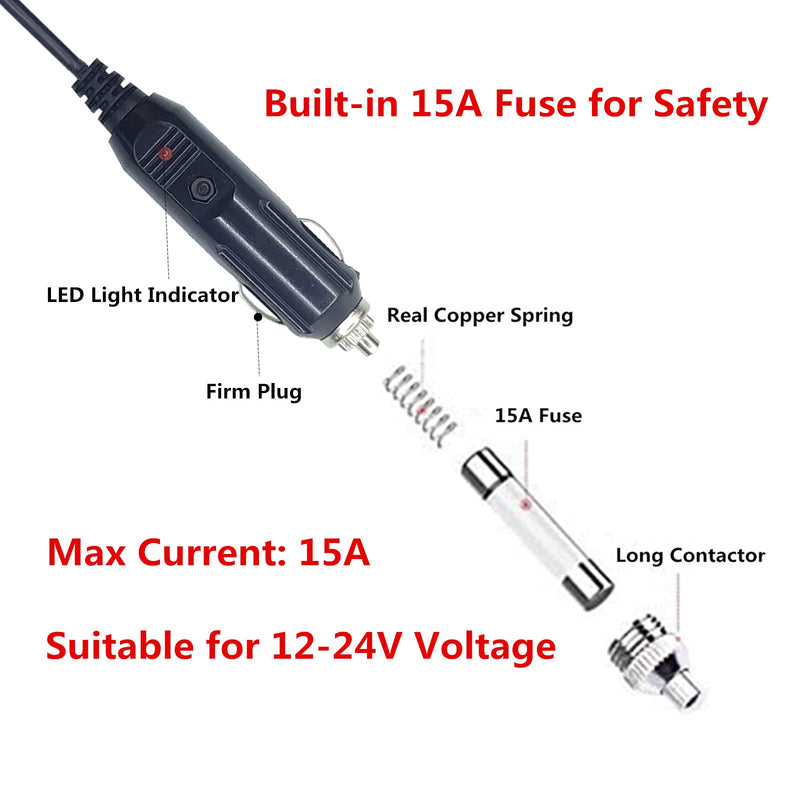[Australia - AusPower] - DC 5.5 x 2.1mm Connector Car Charger Power Supply Cord 4ft 12v 24v Cigarette Lighter Male Plug with LED Light 20AWG Wire 15A Fuse with 2 Extra Connectors for Portable DVD Player, Car, Camera 