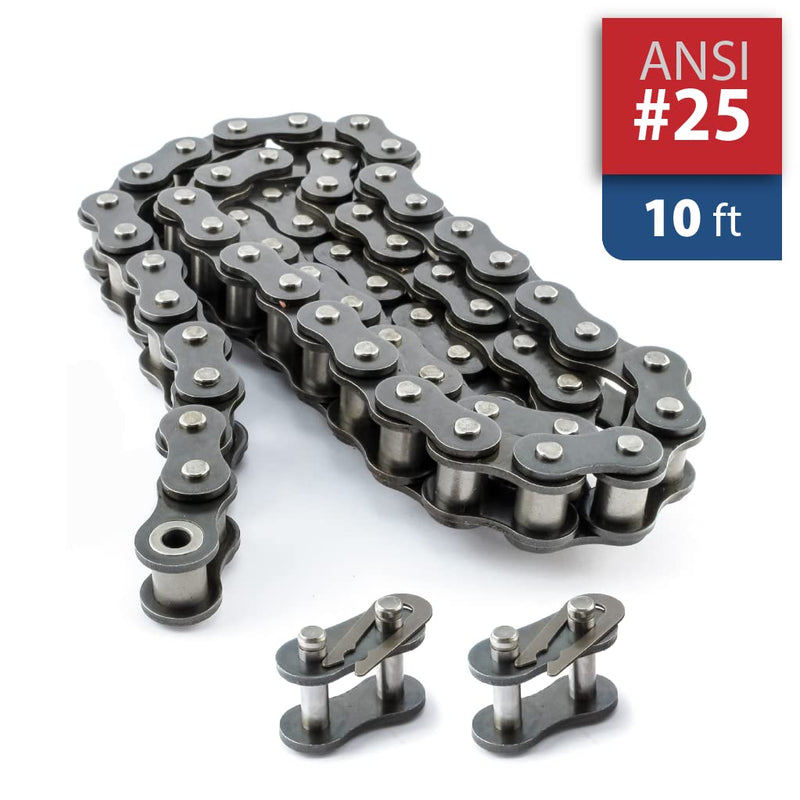 [Australia - AusPower] - PGN #25 Roller Chain - 10 Feet + 2 Free Connecting Links - Carbon Steel Chains for Bycicles, Mini Bikes, Motorcycles, Go-Karts, Home and Industrial Machinery - 479 Links 