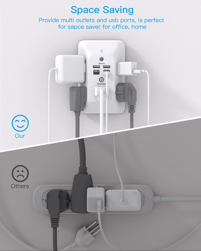 [Australia - AusPower] - Multi Plug Outlet, Outlet Extender with 4 USB Ports (2 USB C) and Night Light, 1050J Surge Protector, Wall Mount, Outlet Splitter for Bathroom Kicthen Camper Dorm Room Essentials 5 AC +2 USB A +2 USB C & Light 
