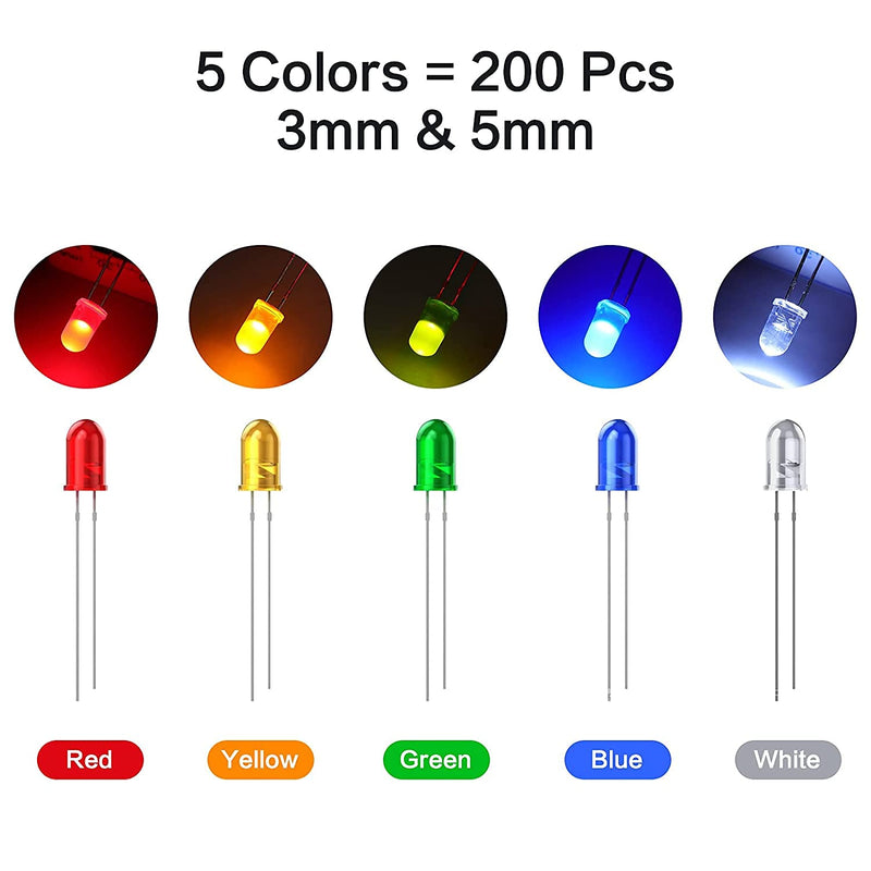 [Australia - AusPower] - 200Pcs 3mm & 5mm Led Light Emitting Diodes Assortment Kit, Mini/Tiny/Small Individual Led Single Light , Clear/White Red Green Blue Yellow Assorted Led Diode Bulbs Set for Arduino, Breadboard, etc 