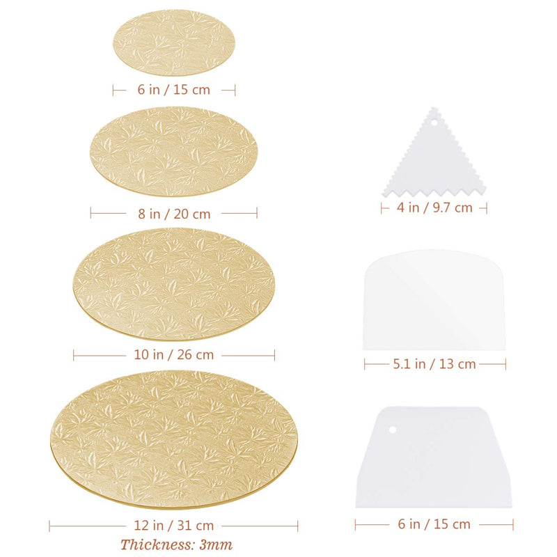 [Australia - AusPower] - Hemoton 4Pcs Reusable Thicker Cake Boards with Embossed Foil Wrapping and 3 Scrapers for Cake Decoration Wedding Birthday Party 12" 10" 8" 6" (Gold) Gold 