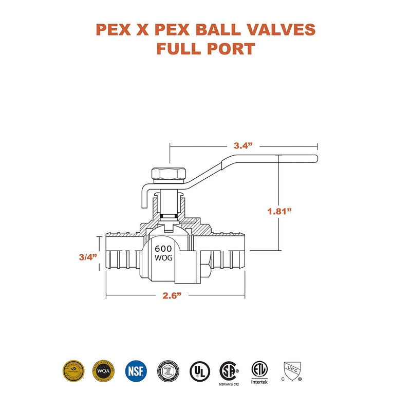 [Australia - AusPower] - MIDLINE VALVE 800Q056 Full Port PEX Ball Valve 3/4 Inch Forged Brass Lead Free, 3/4 3/4 in. 