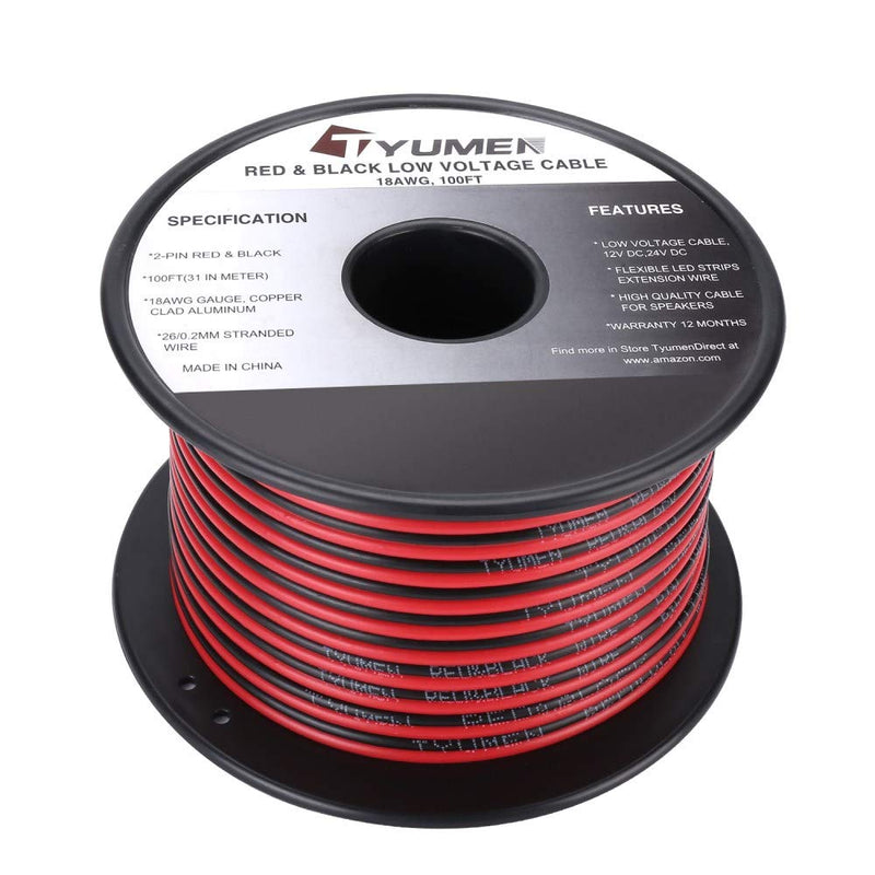 [Australia - AusPower] - TYUMEN 100FT 18 Gauge 2pin 2 Color Red Black Cable Hookup Electrical Wire LED Strips Extension Wire 12V/24V DC Cable, 18AWG Flexible Wire Extension Cord for LED Ribbon Lamp Tape Lighting 