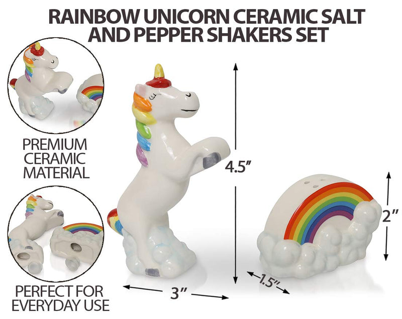 [Australia - AusPower] - Rainbow Unicorn Ceramic Salt and Pepper Shakers Set - Cute Hand Painted Porcelain Condiment Set - Unicorn: 4.5" H x 3" W, Rainbow: 2" H x 1.5" W 