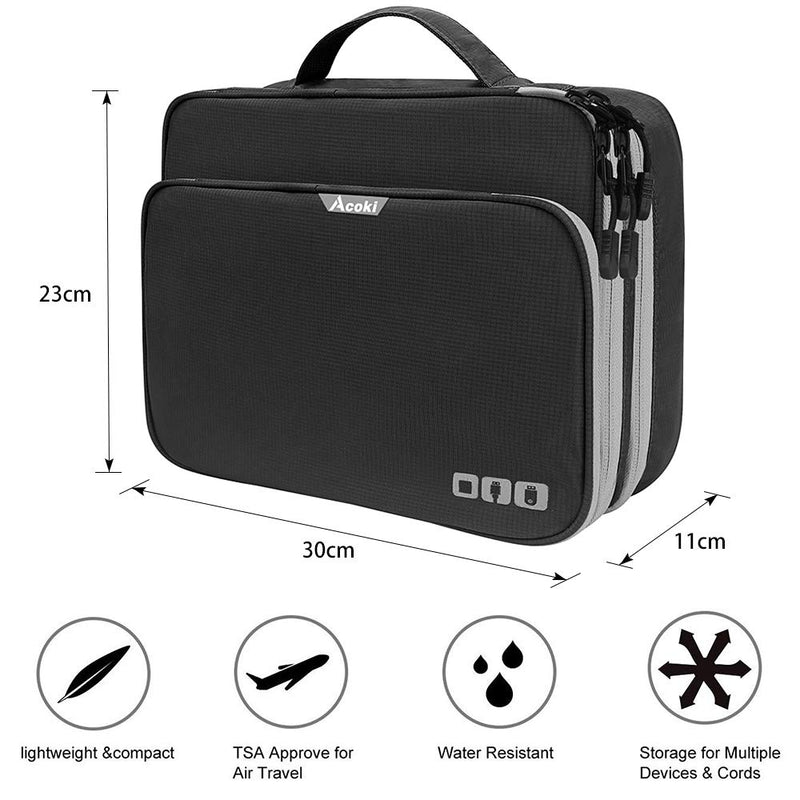 [Australia - AusPower] - Acoki Three Layer Electronic Accessories Organizer, New Storage Handbag with Front Pocket Travel Cable Organizer Bag Waterproof Carry Pouch for iPad,Hard Drives, Power, Black XL 