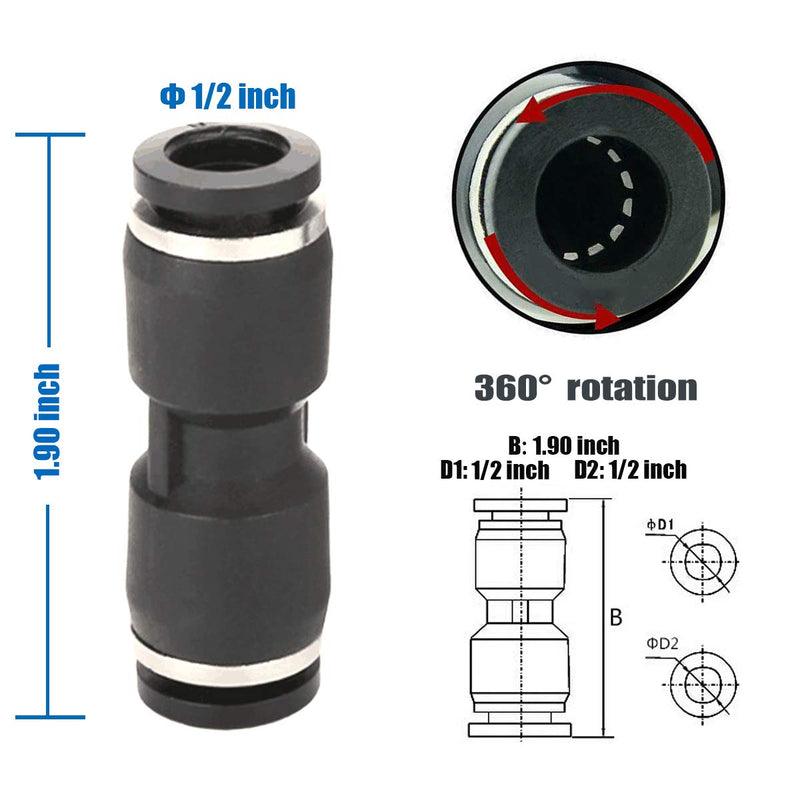 [Australia - AusPower] - Jienk 10PCS Pneumatic Push to Connect Fittings, PBT Plastic Union Straight 1/2"x 1/2" Tube OD Quick Connector for Home Garage Air Brake Air Compressor 1/2"x 1/2" 