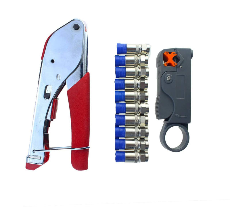 [Australia - AusPower] - Coax Cable Crimper Elibbren Coaxial Compression Tool Kit with Wire Stripper Tool F RG6 RG59 Connectors of 10PCS 