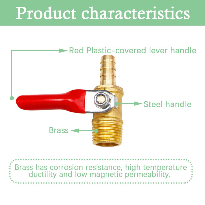 [Australia - AusPower] - Tnuocke 2pcs Brass 3/8" NPT Male Thread x 3/8" Hose Barb Ball Valve Shut Off Switch Pipe Tubing Fitting Coupler,180 Degree Red Operation Handle H-054-3/8NPT-3/8 