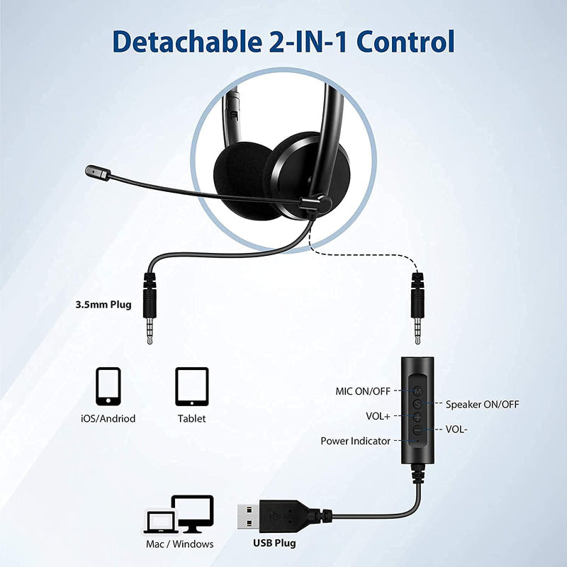 [Australia - AusPower] - USB Headset with Microphone Noise Cancelling & in-line Call Controls, Ultra Comfort Wired 3.5mm Headset for Cell Phone, Computer Headset for PC Laptop Skype Webinar Home Office 