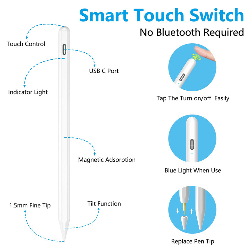 [Australia - AusPower] - Stylus Pen for iPad with Palm Rejection and Tilt Sensitive, Stylus Pencil Compatible with (2018-2022) iPad Pro 11/12.9 inch, iPad 9th/8th/7th/6th Gen, iPad Air 5th/4th/3rd Gen, iPad Mini 6th/5th Gen 