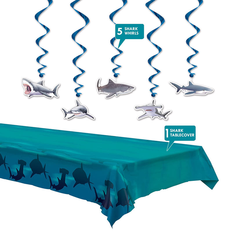 [Australia - AusPower] - Shark Party Supplies Hanging Shark Cutouts and Deep Water Shark Table Cover Set 