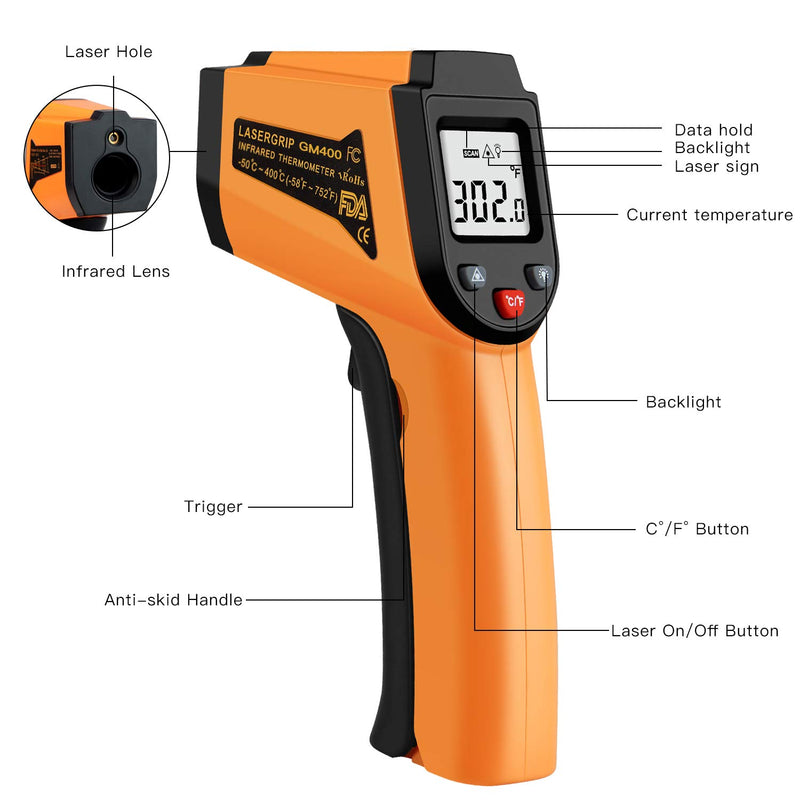 [Australia - AusPower] - Kitchen Infrared Thermometer, -50°C to 400°C(-58°F to 752°F) Digital Laser Infrared Thermometer Gun with LCD Display 