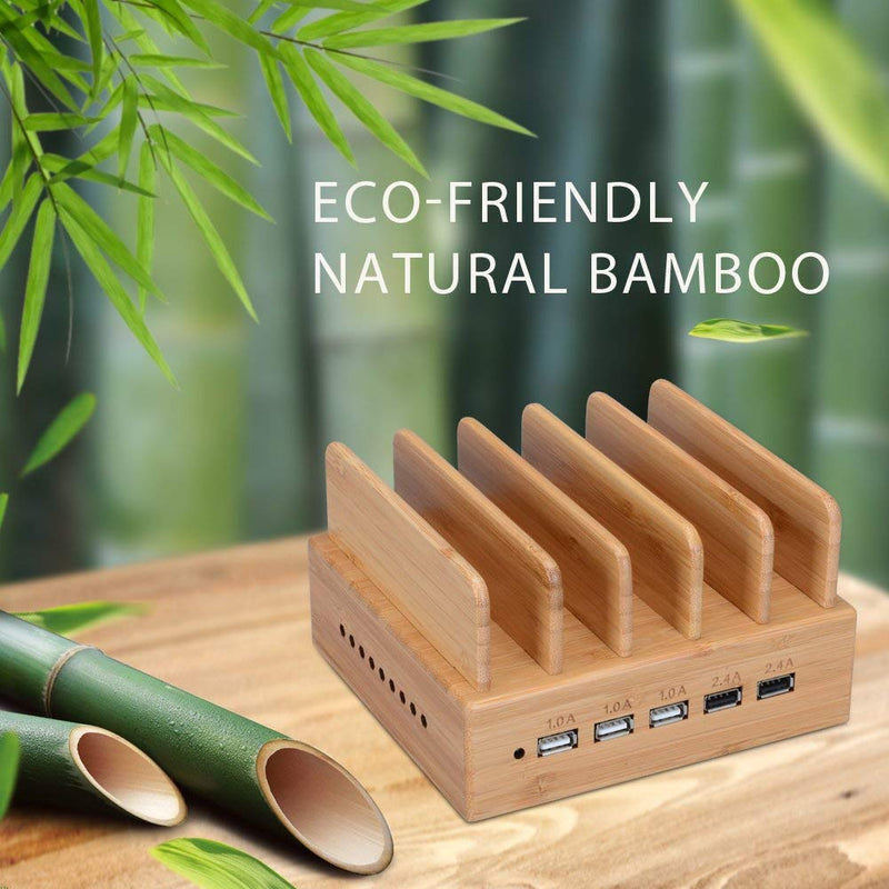 [Australia - AusPower] - Yisen Handy Wood Bamboo Multi Device Smartphone Charging Station 5-Port USB Charging Dock for for iPhone, iPad, Universal Cell Phones, Tablets and Other USB-Charged Devices (with power cord) 