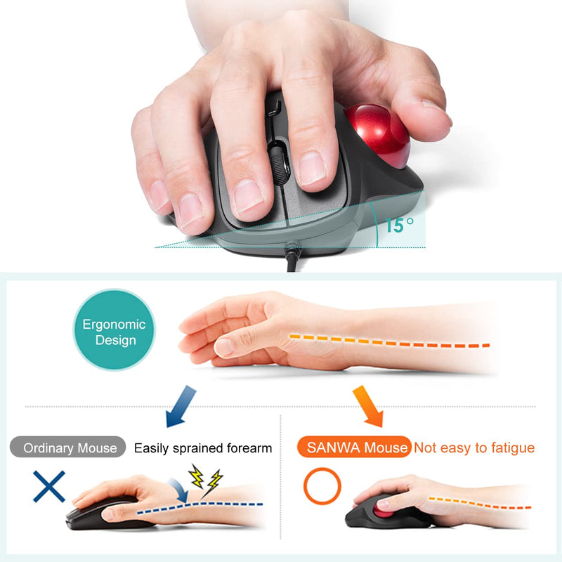 [Australia - AusPower] - SANWA Wired Ergonomic Trackball Mouse, Optical Vertical Rollerball Mice, Silent Buttons, 34mm Trackball, 600/800/1200/1600 Adjustable DPI, Compatible with MacBook, Laptop, Computer, Windows, macOS 