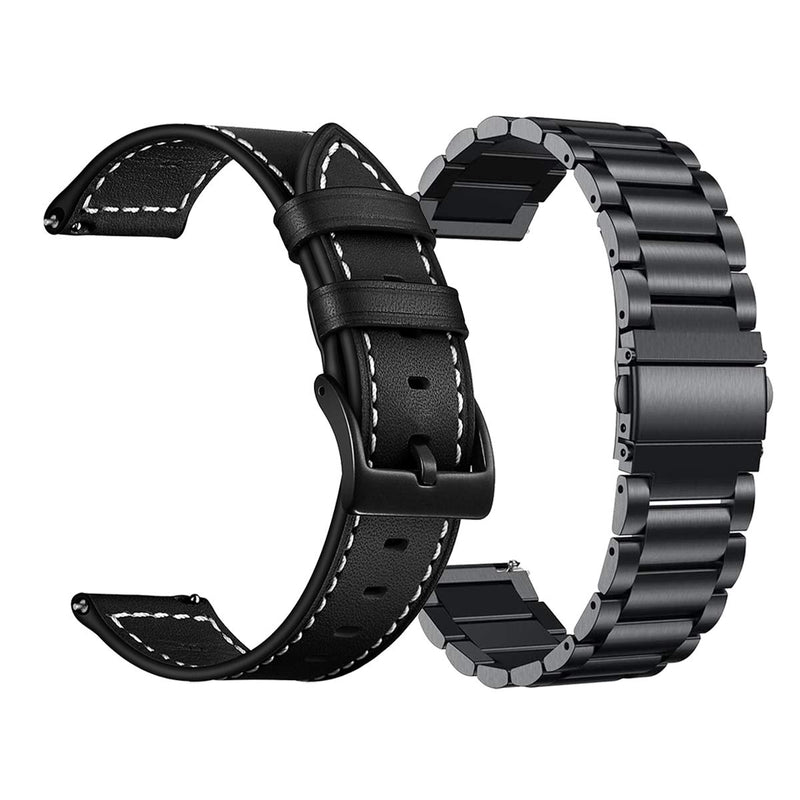 [Australia - AusPower] - AWMES 22mm Smartwatch Bands 2 Pack Compatible for Fossil Men's Gen 6/Gen 5E 44mm/Men's Gen 5 Carlyle/Women's Gen 5 Julianna, Quick Release Metal Watch Band+ Genuine Leather Watch Band Black & Black 