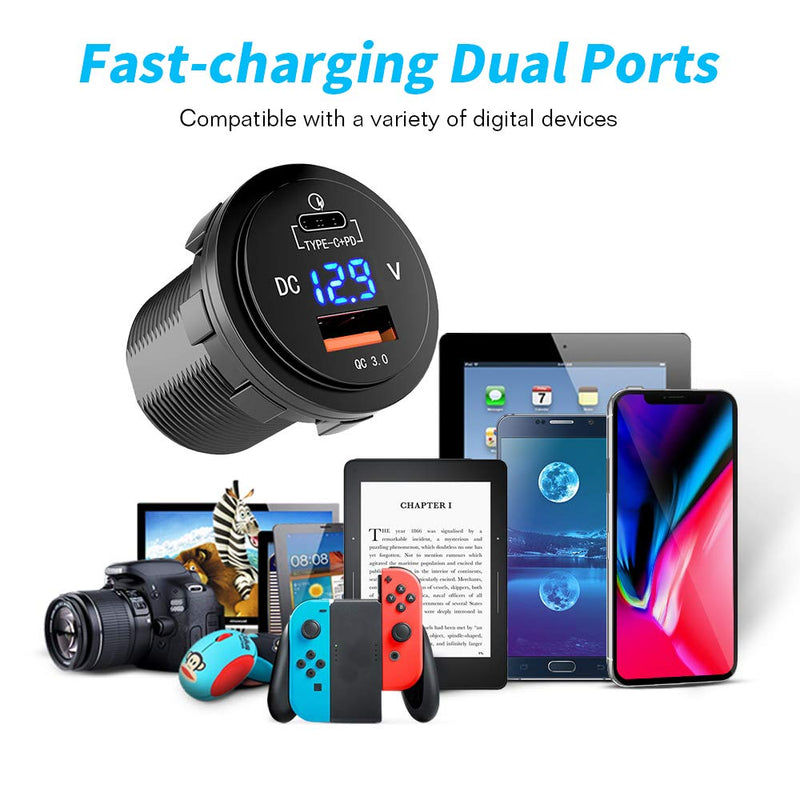 [Australia - AusPower] - MICTUNING 36W Fast PD USB-C Car Charger with USB Quick Charge 3.0 and Type C Charger Socket with LED Digital Voltmeter Compatible with iPhone Pixel Samsung 