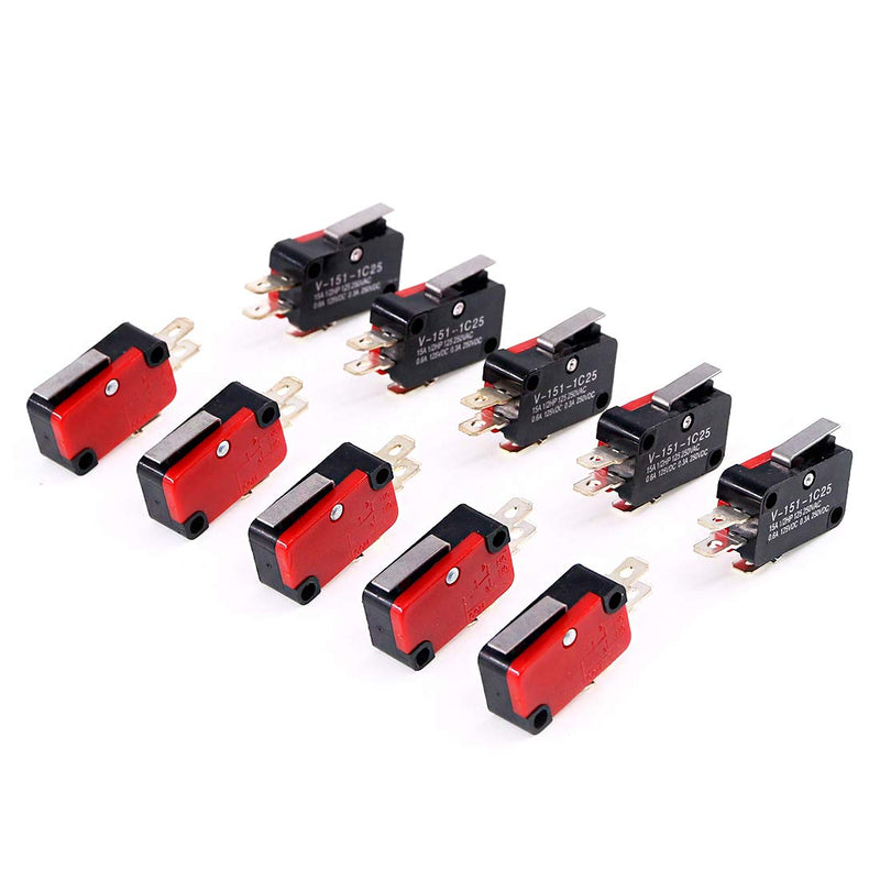 [Australia - AusPower] - Swpeet 10Pcs V-151-1C25 Micro Limit Switch Long Hinge Roller Momentary Cherry Push Button SPDT Snap Action Perfect for Arduino, Appliance and Electronic Equipment 