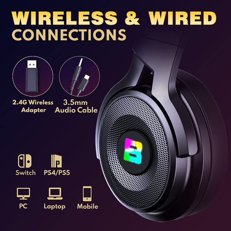 [Australia - AusPower] - BENGOO 2.4G Wireless Gaming Headset Headphones with Microphone for PS4 PS5 PC, 3.5mm Wired Mode for Switch Xbox Controller, Noise Cancelling Over Ear with 7.1 Surround Sound, Up to 17 Hrs Black Medium 