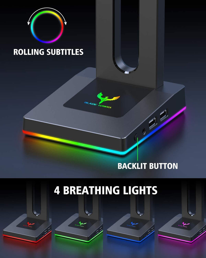 [Australia - AusPower] - Blade Hawks RGB Headphone Stand, Gaming Headphone Stand with 2 USB Charging Ports, 3.5mm Aux Port,Headphone Holder for Gamers Gaming PC Accessories Desk 