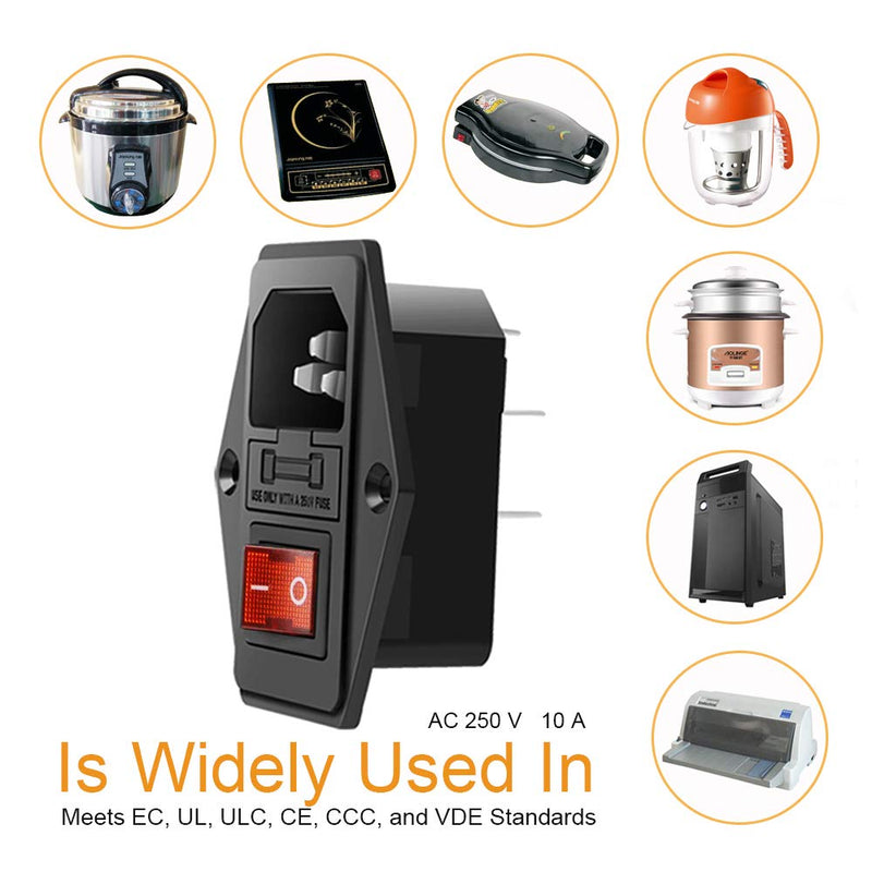 [Australia - AusPower] - Module Plug,10A Fuse Switch Male Power Socket,Adapter Power Connector,3 Pins Inlet Power Socket,Black,Red Button,AC 250V 10A IEC 320 C14 3 Pieces 