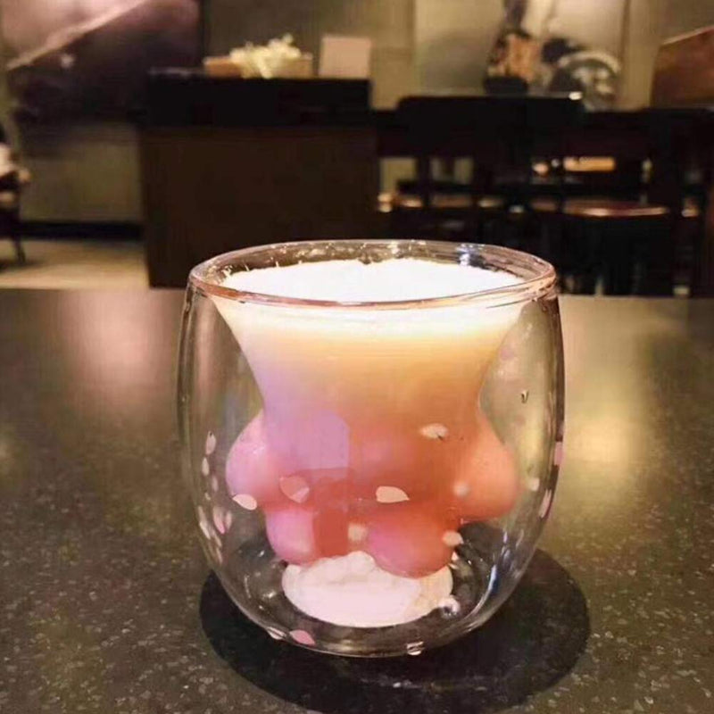[Australia - AusPower] - Jsacemxi Sakura Coffee Mug Double Wall Glass Cup Cat Claw Cup Heat-Resistant Handmade Creative Milk Mug Tea Whiskey Cup (Cat Paws) (Cute cups) 