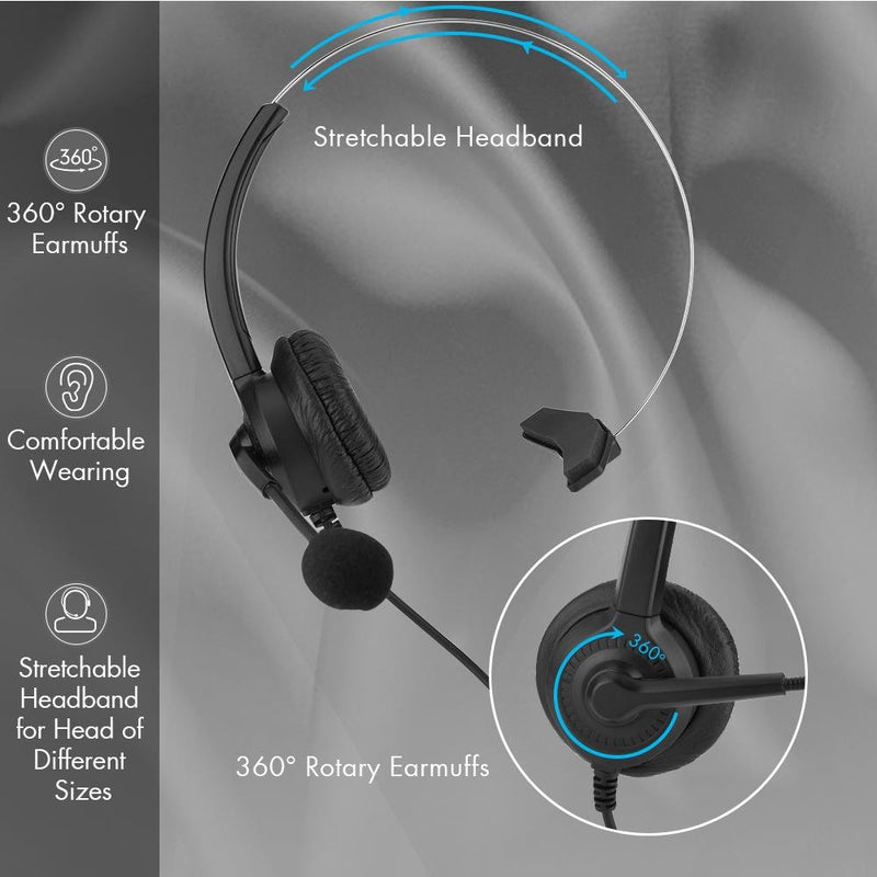 [Australia - AusPower] - H300 Microphone Headset Noise Cancelling Corded Telephone Call Center Headset with 4 Connectors for Landline Mobile Phones PC Games Comfortable Wearing(3.5mm Plug) 