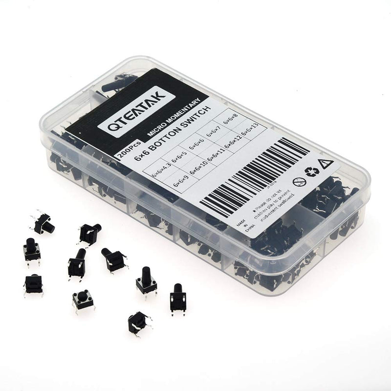 [Australia - AusPower] - QTEATAK 200 Pcs 10 Value 4 Pins 6 x 6mm Micro Momentary Tact Tactile Push Button Switch Assortment Kit 