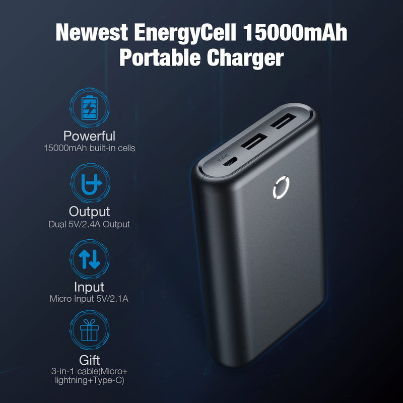 [Australia - AusPower] - Power Bank 15000mAh, High-Capacity USB Portable Charger with Dual 5V/2.4A Output Fast Charging External Battery Pack Compatible with iPhone 12/11, Samsung, Tablets and More Black 