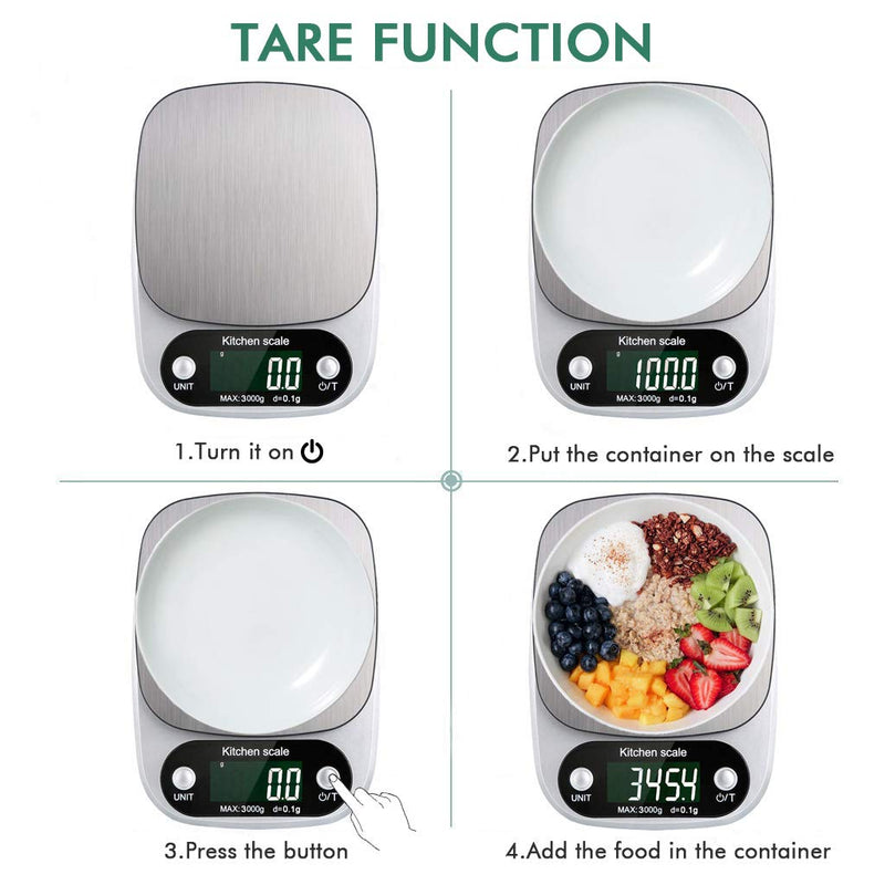 [Australia - AusPower] - Digital Kitchen Food Scale 3000g/0.1g Multifunction Weight Scale Gram Ounces, Electronic Jewelry Scale High Precision LCD Display/Stainless Steel/Tare/G OZ ML CT KG TL LB FL:OZ/Batteries Included 