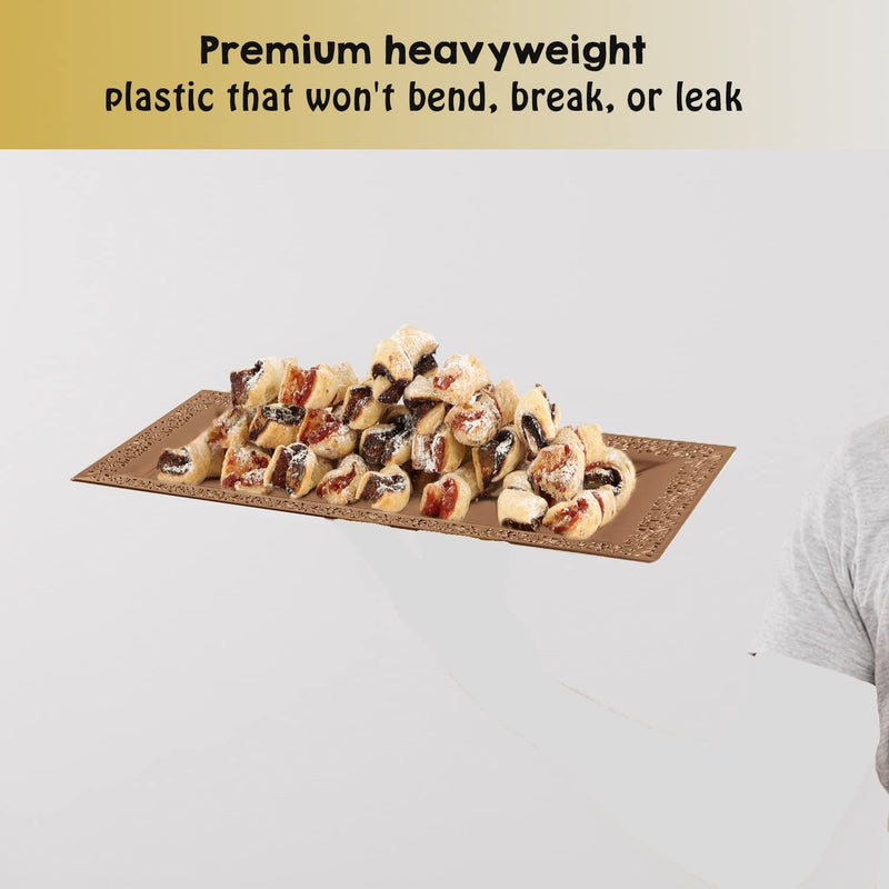 [Australia - AusPower] - 4 (pk) Yumchikel 14" x 7.5" Rose Gold Lace Rim Plastic Serving Trays & Platters | Heavy Duty Disposable Decorative Dessert Tray - Party Platters for Upscale Parties Weddings Brand: Yumchikel 
