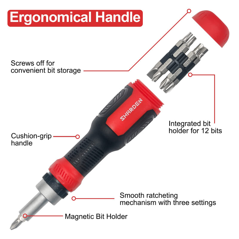 [Australia - AusPower] - SHARDEN Ratchet Screwdriver 13-in-1 Ratcheting Screwdriver Set Multi Screwdriver Tool All in One with Torx Security, Flat Head, Phillips, Hex, Square and 1/4 Nut Driver Multibit Ratcheting Red 