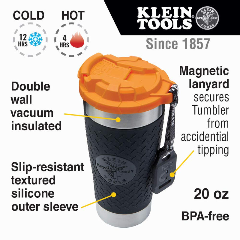 [Australia - AusPower] - Klein Tools 55580 Stainless Steel Tumbler with Flip-top Lid, Insulated 20 oz. Tradesman's Double Wall Vacuum Mug, Slip-resistant Sleeve 