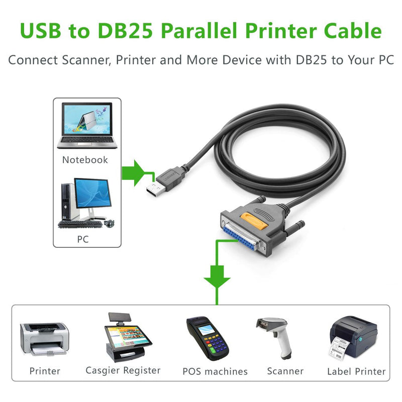 [Australia - AusPower] - UGREEN USB to DB25 Parallel Printer Cable Adapter 6FT Male to Female Connector IEEE 1284 Converter for PC Desktop Laptop Support Windows Mac OS Linux, 6 FT 