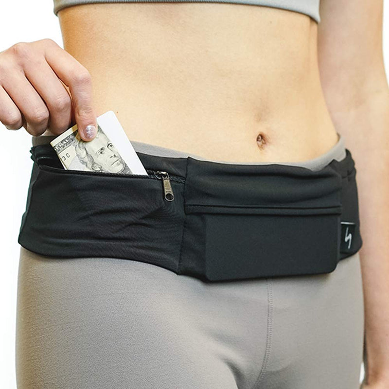 [Australia - AusPower] - Sprigs 3 Pocket Adjustable Running Belt Waist Pack, Fanny Pack for Working Out with Sweat Resistant Backing, Holds All iPhone Models Black/Black Large/XL 