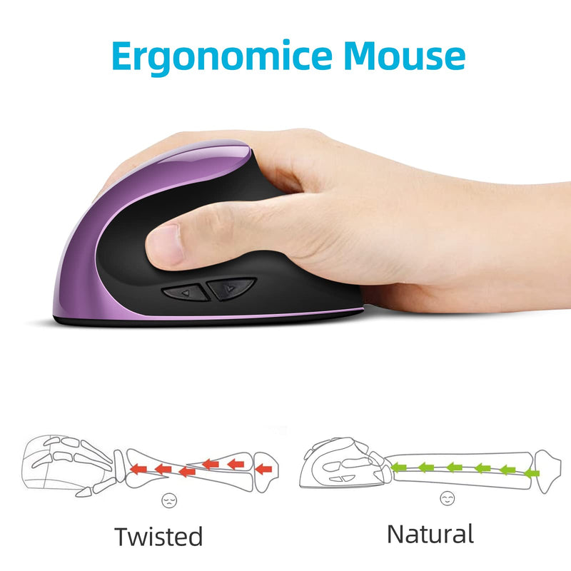 [Australia - AusPower] - Ergonomic Mouse Wireless,Rechargeable Vertical Mouse with 6 Buttons 3 Adjustable 800/1200/1600 DPI for Laptop, Desktop, PC, MacBook (Purple) Purple 