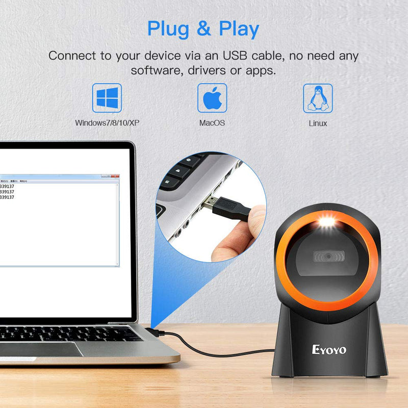 [Australia - AusPower] - Eyoyo Hands-Free 1D 2D Desktop Barcode Scanner, QR Barcode Reader Support Screen Scanning Platform Scanner for Warehouse, Supermarket, Retail Store, Bookstore Pos System 