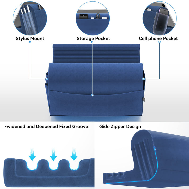[Australia - AusPower] - Tablet Pillow Holder, KDD Pillow Soft Pad for Lap, Bed and Desk Tablet Stand Dock with 2 Pocket and 3 Stylus Mount Compatible with iPad Pro 9.7, 10.5,12.9 Air Mini 5 4 3 2, Galaxy Tab, E-Reader (Blue) Blue 