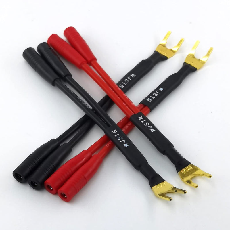 [Australia - AusPower] - WJSTN-012 3-in Spade Plug to Two Dual 4mm Banana Plug Audio Cable adapters ，45 Degree Type Y Plug Speaker distributors 4-Pack 