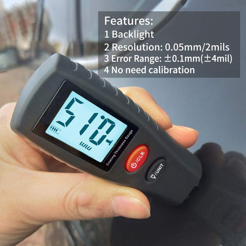 [Australia - AusPower] - Paint Thickness Gauge | Digital Meter for Automotive Coating Thickness Gauge Tester | High Contrast Backlight LCD | Resolution 2mils | Auto Power Off | Auto Digital Calibration Data Hold Mini Size 