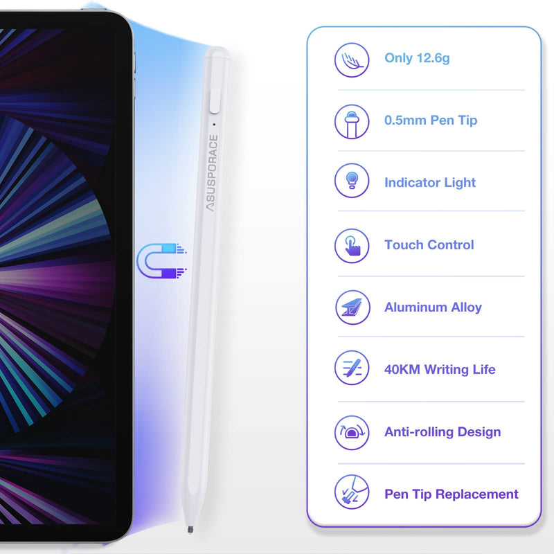 [Australia - AusPower] - Hard Silicone Nib Writing Stylus for iPad, Active iPad Pencil with Non-Slip, Soft and Silent Writing Feel, Palm Rejection Stylus for iPad Pro, iPad 9/8/7/6th, iPad Air 4th/3rd, iPad Mini 6/5th 