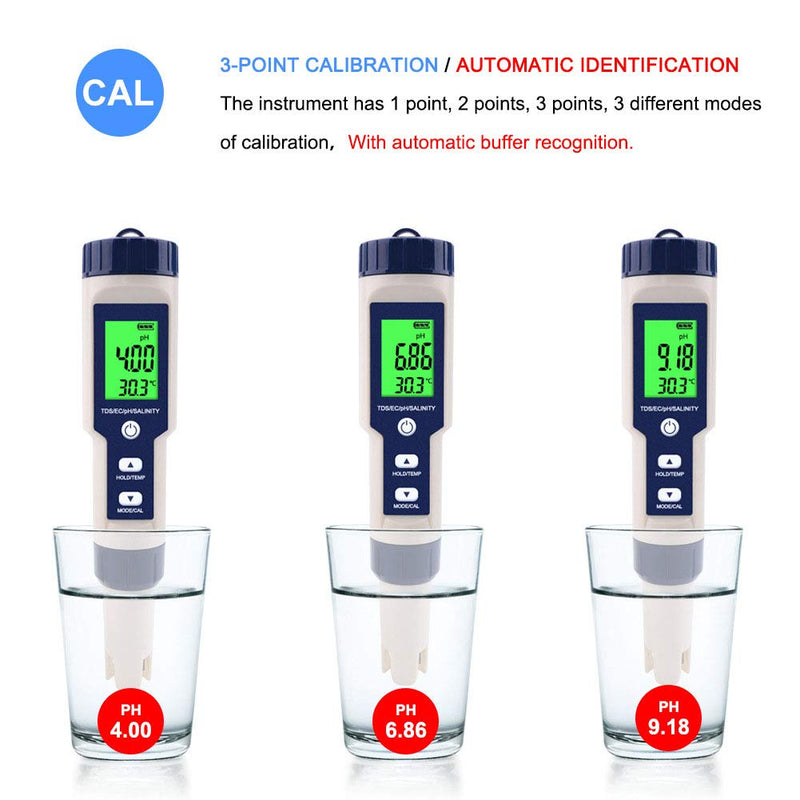 [Australia - AusPower] - PH Meter, EZ-9909 5 in 1 High Accuracy Portable Digital Water Quality Tester, for Measuring PH Salinity TDS EC Temperature, with Backlight Screen, IP67 Waterproof 