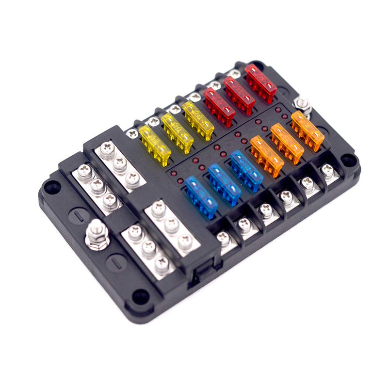[Australia - AusPower] - 12-Way Fuse Block With ground, 12 Circuit ATC/ATO Fuse Box Holder with negative bus, Protection Cover & LED Light Indication, Bolt Terminals, 70 pcs Stick Label, For Auto Marine, Boat,With 24 pcs Fuse 