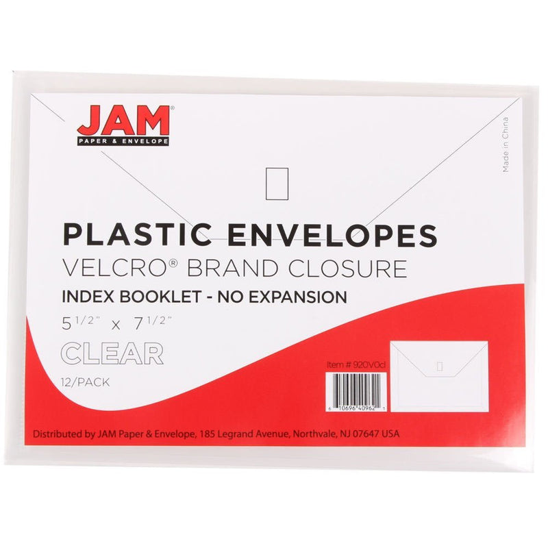 [Australia - AusPower] - JAM PAPER Plastic Envelopes with Hook & Loop Closure - Index - 5 1/2 x 7 1/2 - Clear - 12/Pack 