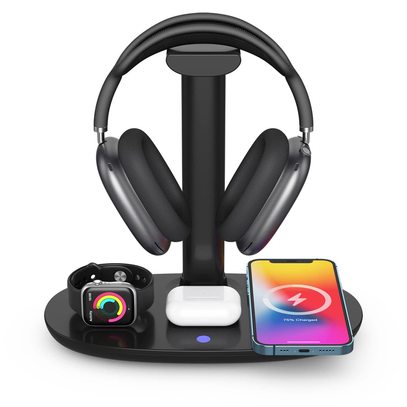 [Australia - AusPower] - Headphone Stand with 15w Wireless Charger, Suguder 4 in 1 Qi Charging Station Headset Holder for AirPods Max/Pro/2 iWatch 7/6/5/4/3/2/1/SE iPhone 13/12/11/XS/XR/X/8 Series for Desktop Table Game,Black Black 