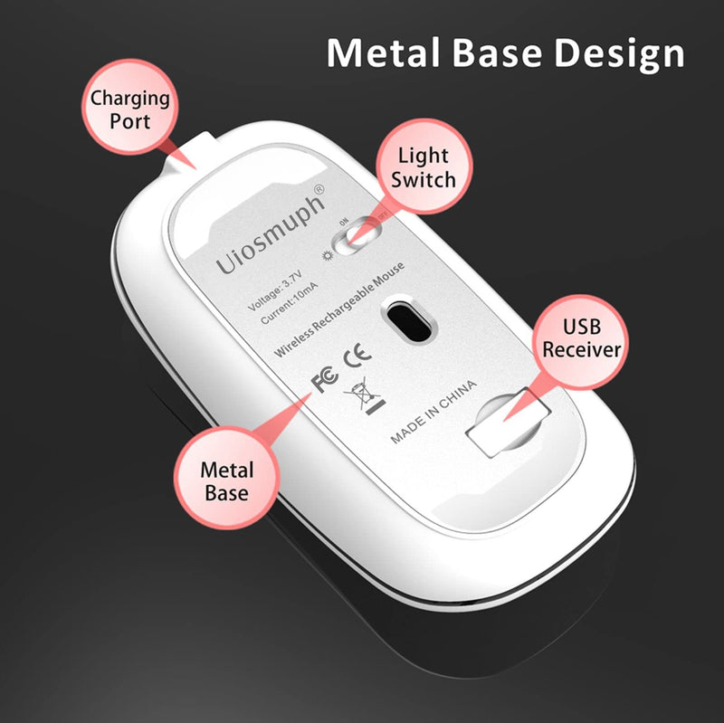 [Australia - AusPower] - LED Wireless Mouse, Uiosmuph G12 Slim Rechargeable Wireless Silent Mouse, 2.4G Portable USB Optical Wireless Computer Mice with USB Receiver and Type C Adapter (Matte Black) Matte Black 