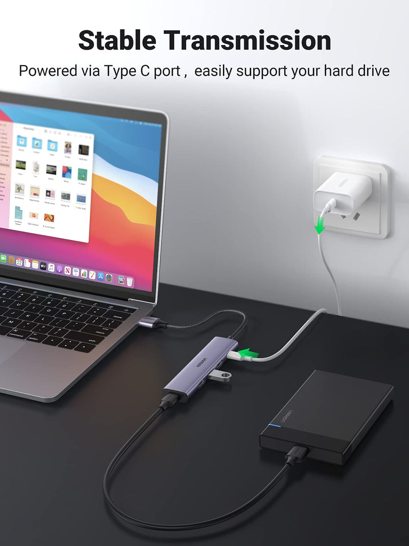 [Australia - AusPower] - UGREEN USB Hub, Aluminum 4-Port USB 3.0 Hub with Powered Support Output for High Power Equipment, USB Port Splitter for Laptop,iMac, MacBook, Surface Pro, Dell, PS4, Flash Drive, Mobile HDD 